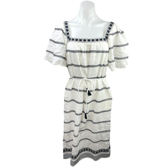 Tory Burch White Black Striped Flutter Boho Peasant Tassel Tie Midi Dress Sz XS - Picture 1 of 5
